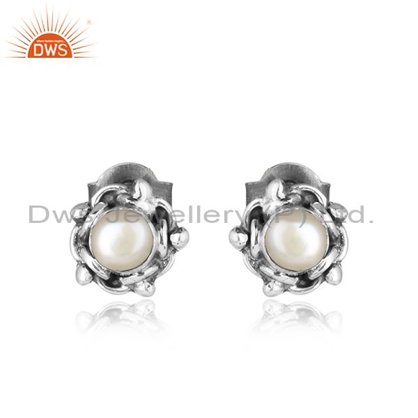 Natural pearl gemstone oxidized 925 sterling silver tiny earrings