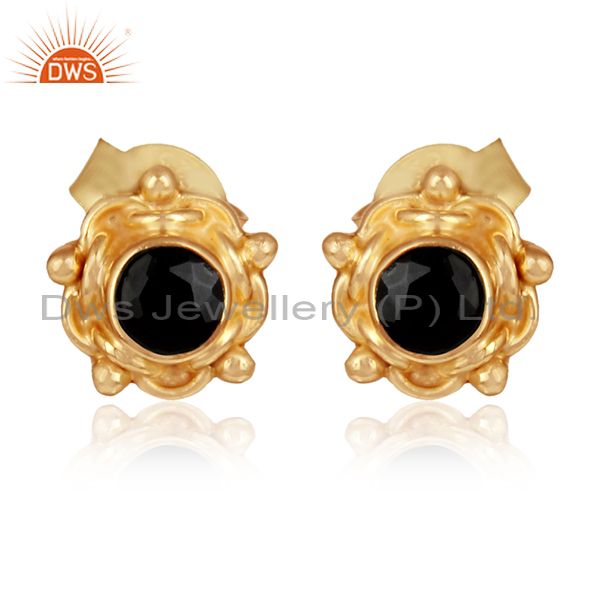 Black onyx gemstone stud earrings gold plated silver jewelry