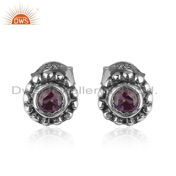 Round Antique Design Oxidized 92.5 Silver Amethyst Stud Earrings