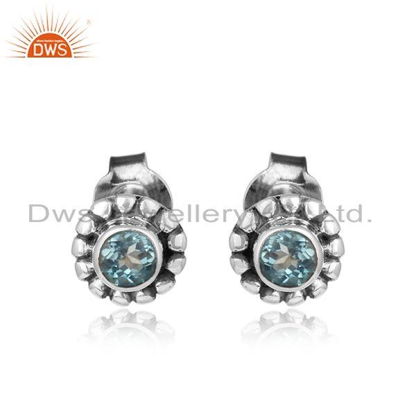 Oxidized 925 silver blue topaz gemstone antique stud earrings