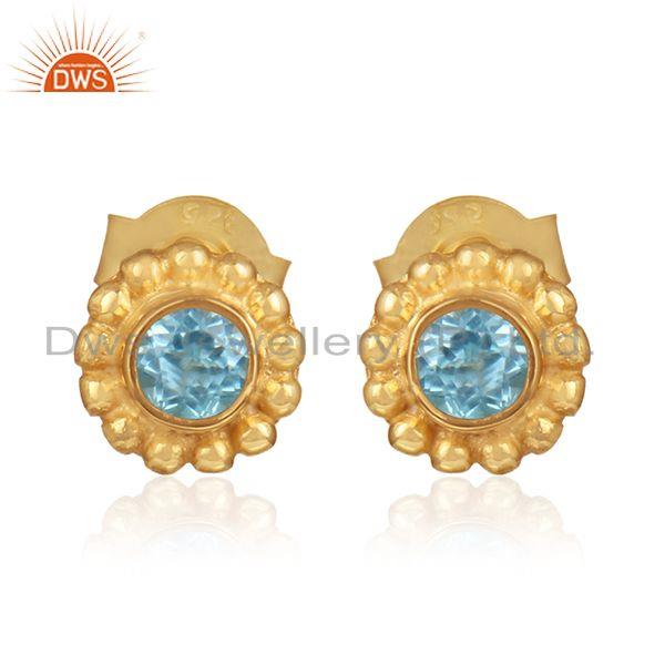 Flower design gold plated silver blue topaz gemstone stud earring