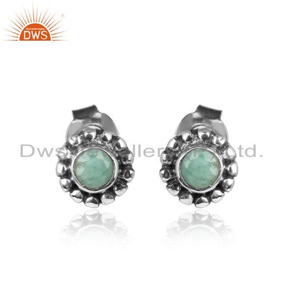 Emerald gemstone handmade sterling silver oxidized tiny earrings