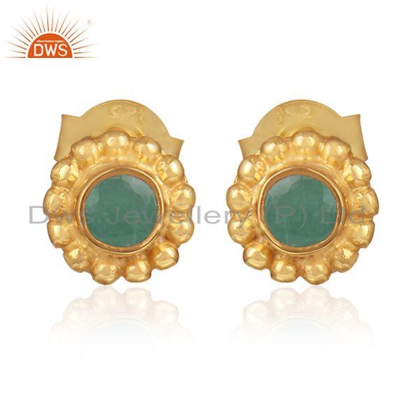 Natural emerald gemstone flower design gold over silver earrings