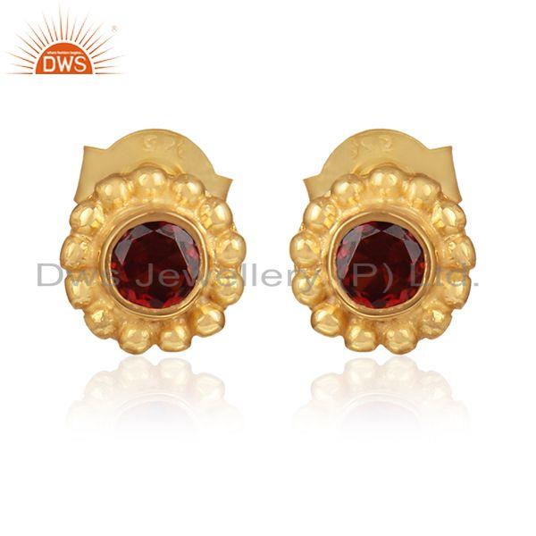 Garnet gemstone flower designer gold plated silver stud earrings