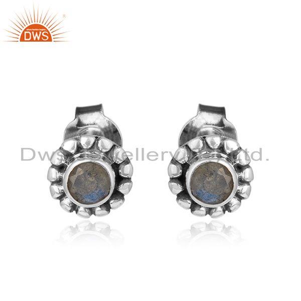Oxidized 925 silver women labradorite gemstone stud earrings