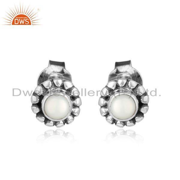 Natural pearl gemstone womens oxidized 925 silver stud earring