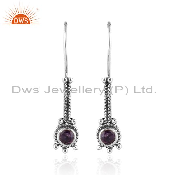 Natural Amethyst Oxidized Silver Antique Design Hook Earrings