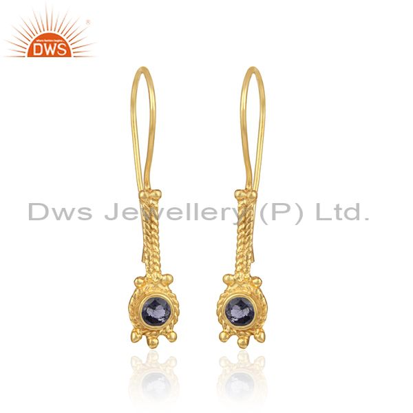 Elongated designer earring in yellow gold on silver with iolite