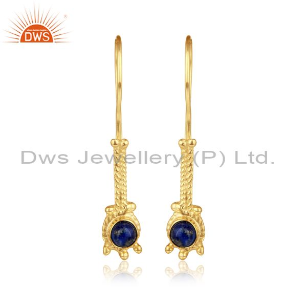 Designer long earring in yellow gold on silver 925 with lapis