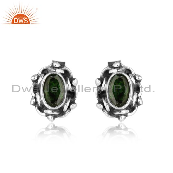 Chrome diopside gemstone oxidized silver designer stud earrings