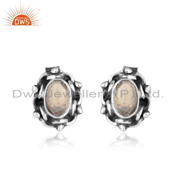 Ethiopian opal gemstone handmade oxidized 925 silver stud earrings