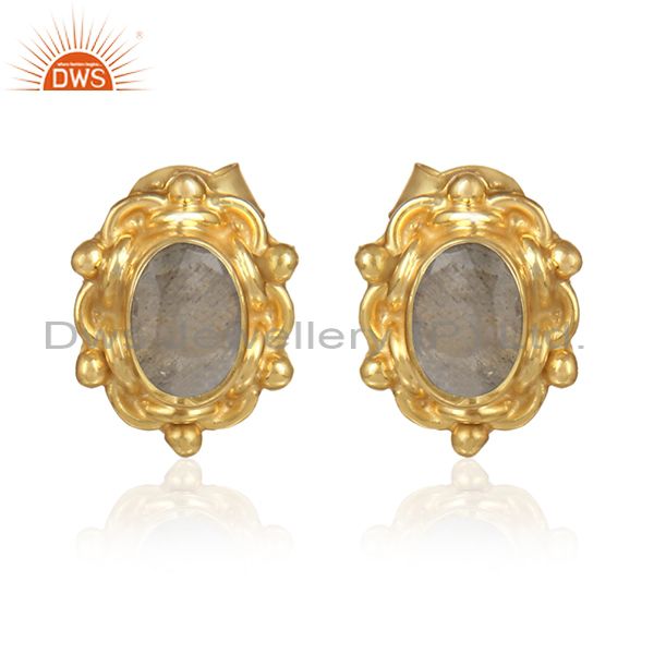 Labradorite gemstone designer 18k gold over silver stud earrings