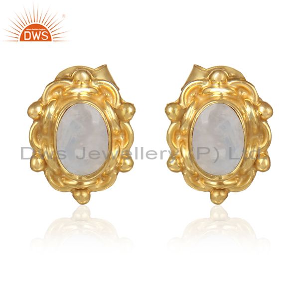 Oval shape moonstone gemstone gold over designer silver earrings