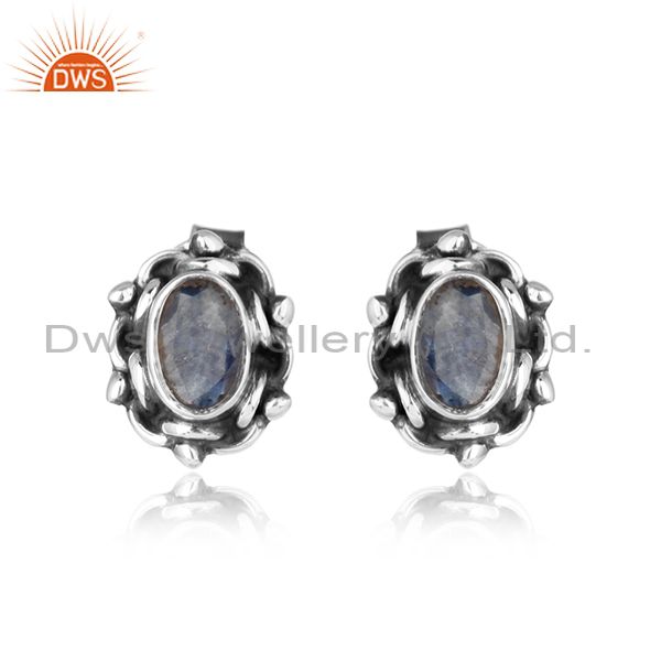Blue sapphire gemstone oxidized silver womens stud earrings jewelry
