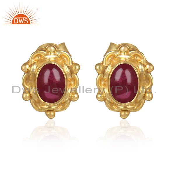 Pink tourmaline gemstone womens gold plated silver stud earrings