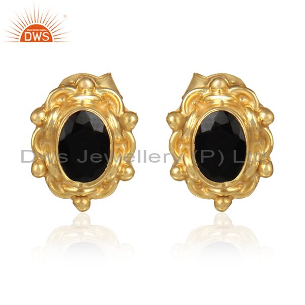 Black onyx gemstone gold plated 925 silver designer stud earrings