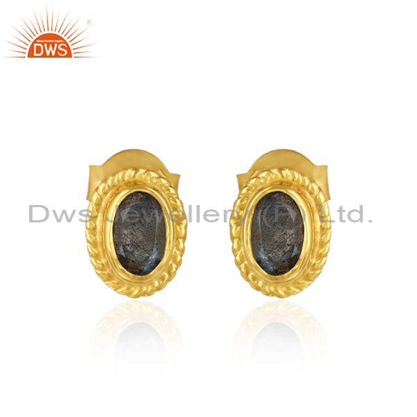 Textured silver 925 stud with labradorite and yellow gold plating