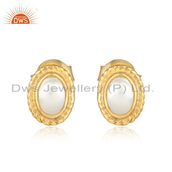 Textured silver stud 925 with pearl and yellow gold plating