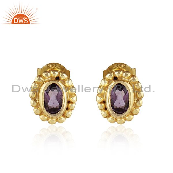 Designer Gold Plated 925 Silver Amethyst Gemstone Tiny Earrings