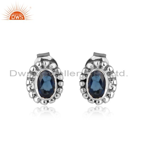 Blue corundum oval shape oxidized 925 silver antique stud earring