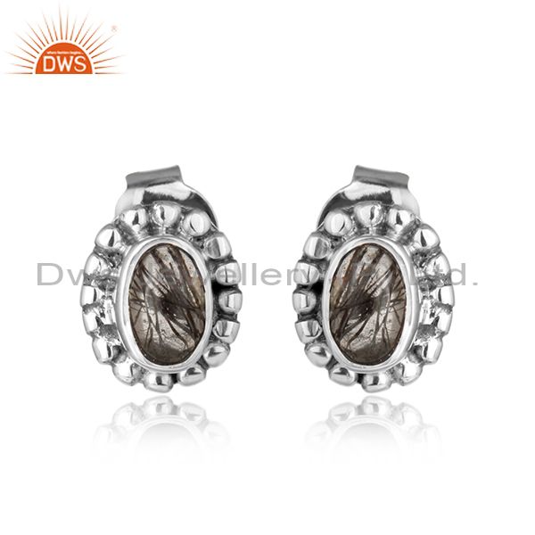 Black rutile gemstone designer oxidized silver antique stud earrings