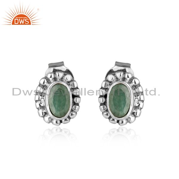 Natural emerald gemstone antique silver oxidized stud earrings