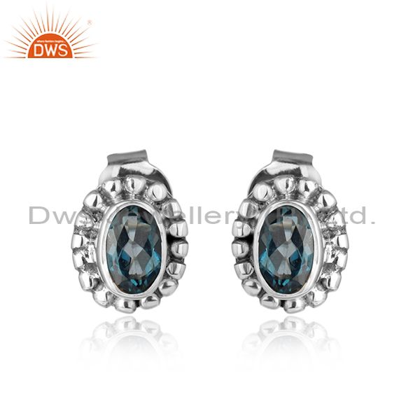 London blue topaz gemstone designer oxidized silver stud earrings