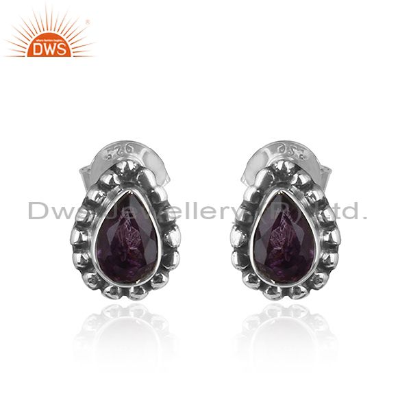 Pear Shape Amethyst Gemstone Silve Oxidized Stud Earrings Jewelry