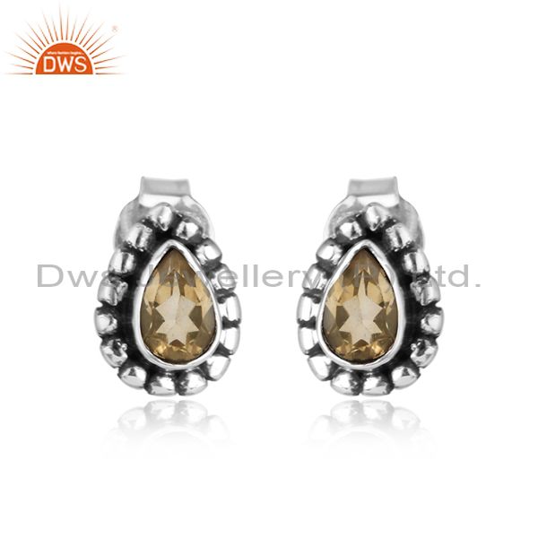 Pear shape sterling silver oxidized citrine gemstone stud earrings