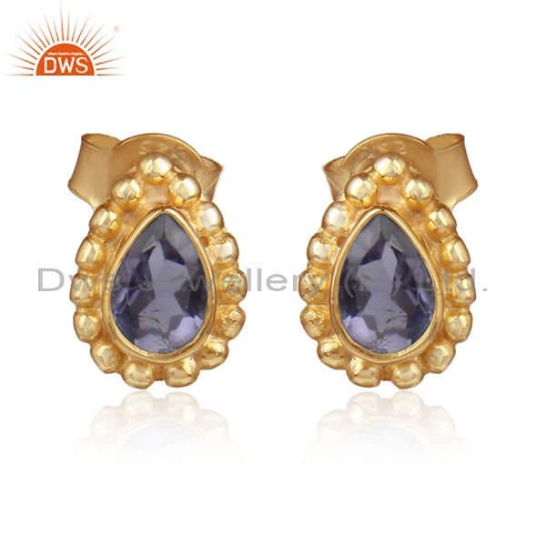 Pear shape iolite gemstone designer gold on silver stud earrings