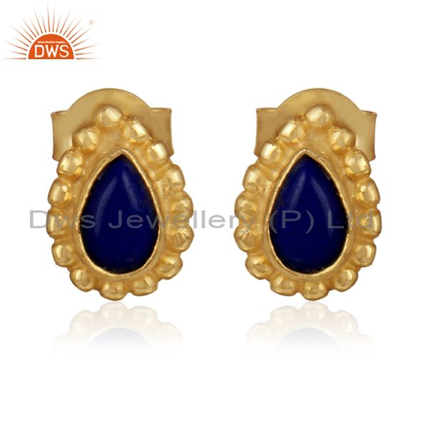 Lapis lazuli gemstone designer gold over 925 silver stud earrings