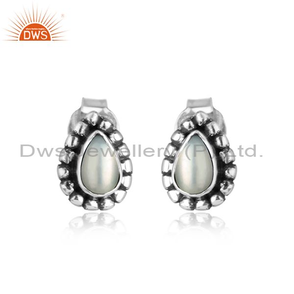 Natural pearl gemstone designer womens silver oxidized stud earring