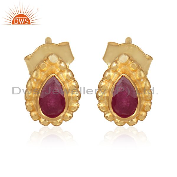 Natural ruby gemstone 925 silver gold over designer stud earrings