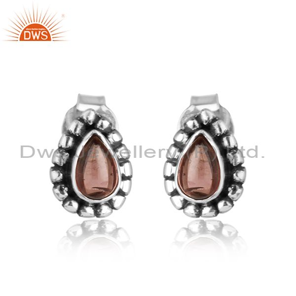 Natural pink tourmaline gemstone womens oxidized silver earrings