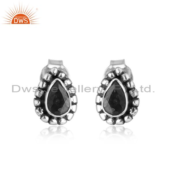 Black onyx gemstone pear shape oxidized 925 silver stud earring