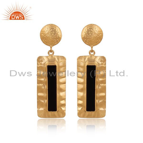 Handmade Gold Plated Silver Texture Design Black Onyx Earrings
