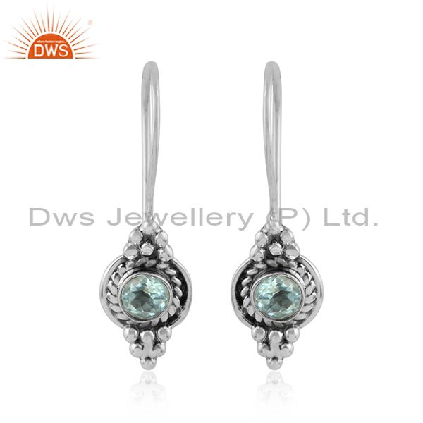 Blue topaz gemstone womens 925 sterling silver oxidized earrings