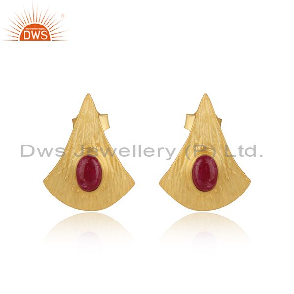Texture Design Gold On Silver 925 Dyed Ruby Earrings