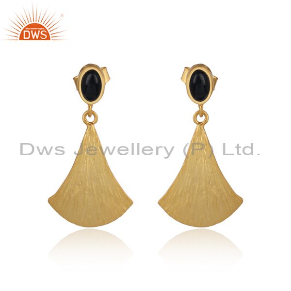 Textured Gold on Silver Dangle Black Onyx Earring