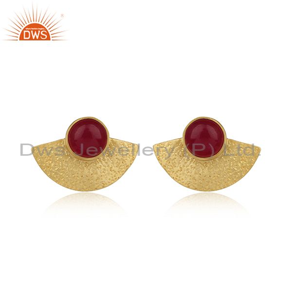 Dyed Ruby Yellow Gold on 925 Silver Textured Fan Studs