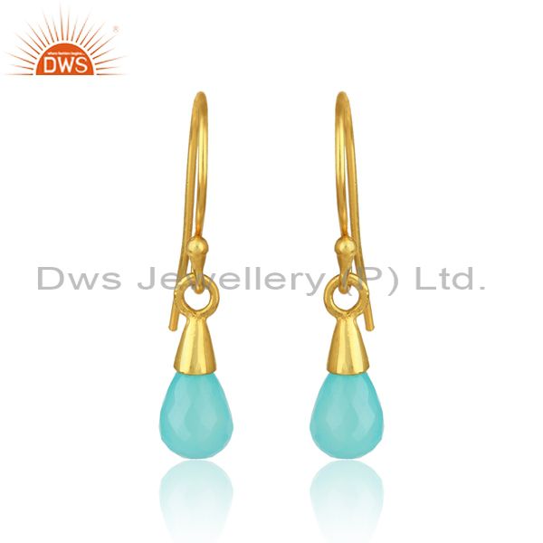 Designer drop dangle in yellow gold on silver with aqua chalcedony