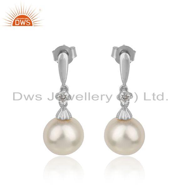 White rhodium plated silver cz natural pearl gemstone earrings