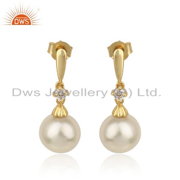 Designer gold plated 925 silver cz natural pearl gemstone earring