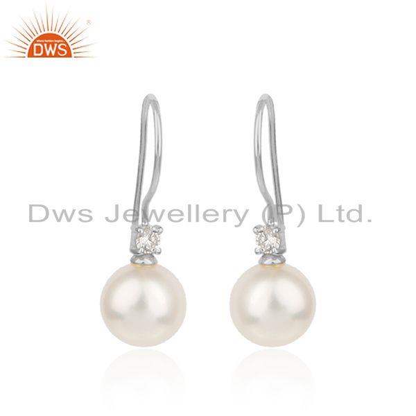White rhodium plated silver cz pearl gemstone hook earrings