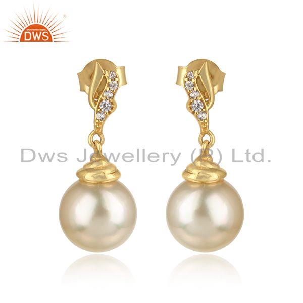 Cz pearl gemstone 18k gold plated designer silver girls earrings