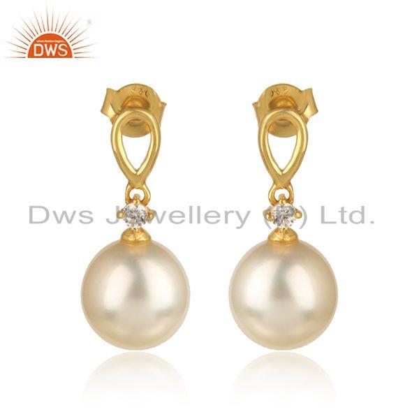 18k gold plated 925 silver natural pearl cz gemstone earrings