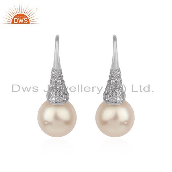 White rhodium plated silver designer cz pearl gemstone earrings