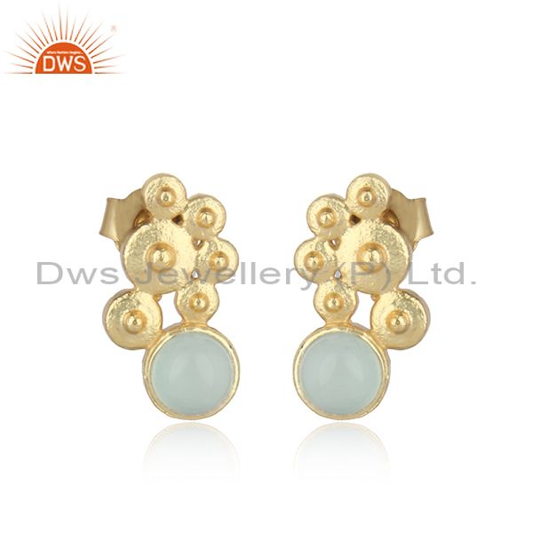 Handcrafted designer aqua chalcedony studs in gold on silver 925