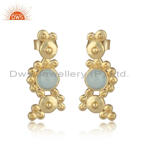 Designer zig zag granule aqua chalcedony earring in gold on silver