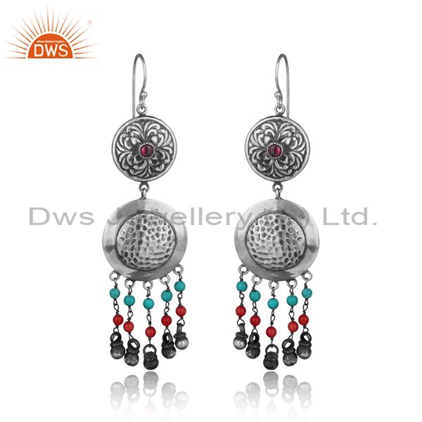 Tribal design textured multi color bead earring in oxidized silver